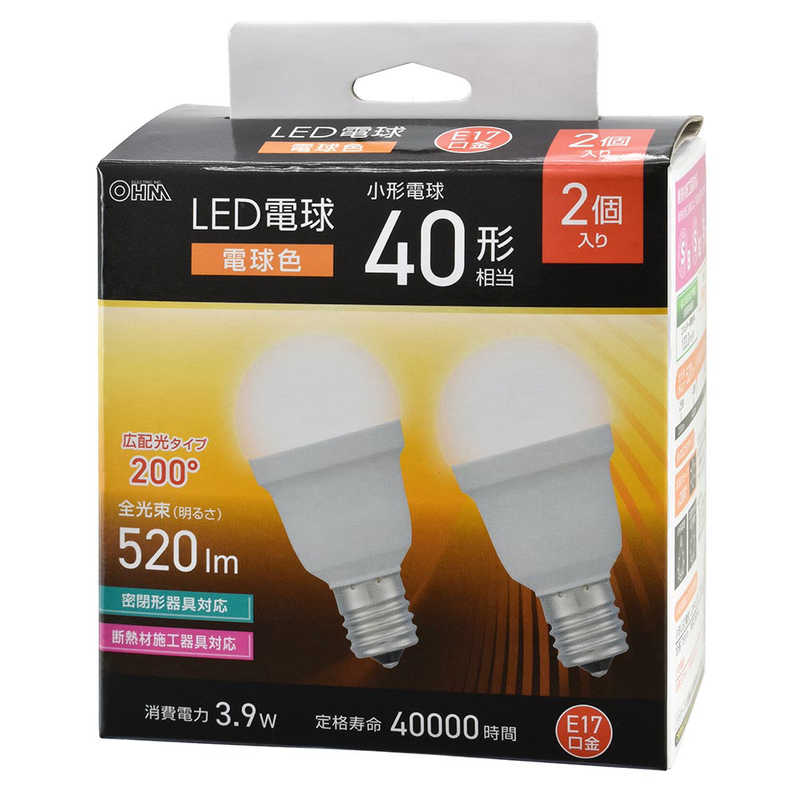 オーム電機 OHM ELECTRIC LED電球 小形 E17 広配光タイプ 40形相当 電球色 2個入 LDA4L-G-E17 IS53 2P