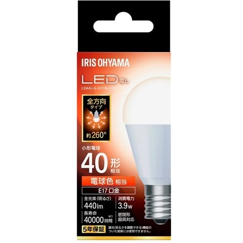アイリスオーヤマ IRIS OHYAMA LED電球 E17 全方向タイプ 40形相当 電球色 LDA4L-G-E17/W-4T10