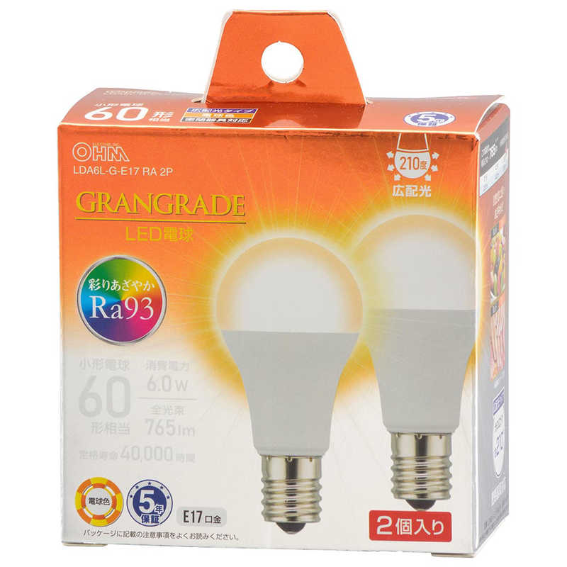 オーム電機 OHM LED電球小形E17 60形相当 電球色 2個入LDA6L-G-E17 RA 2P