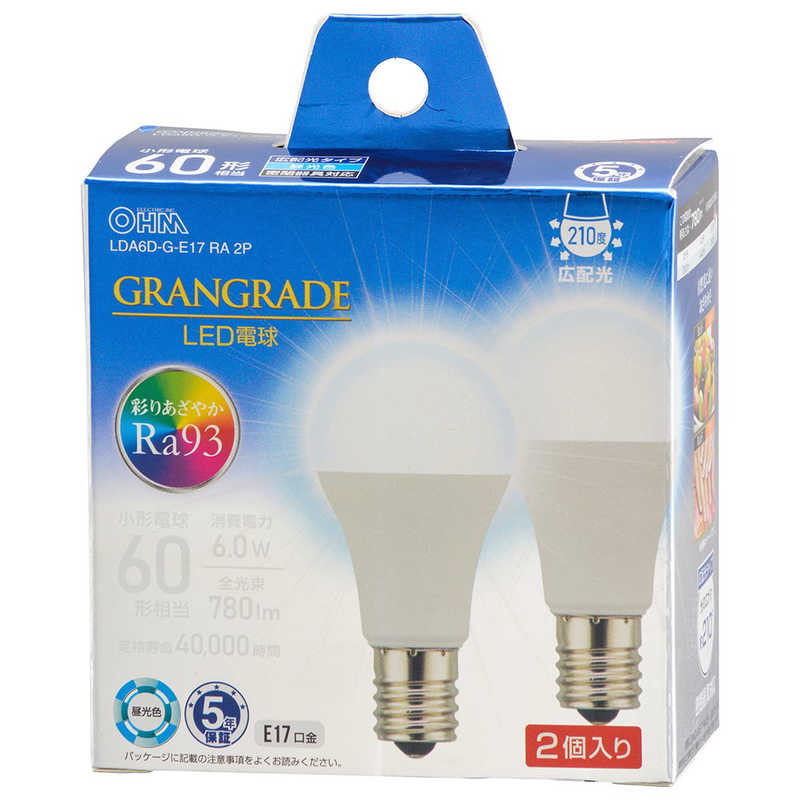 オーム電機 OHM LED電球小形E1760形相当昼光色高演色Ra932個入LDA6D-G-E17RA2P