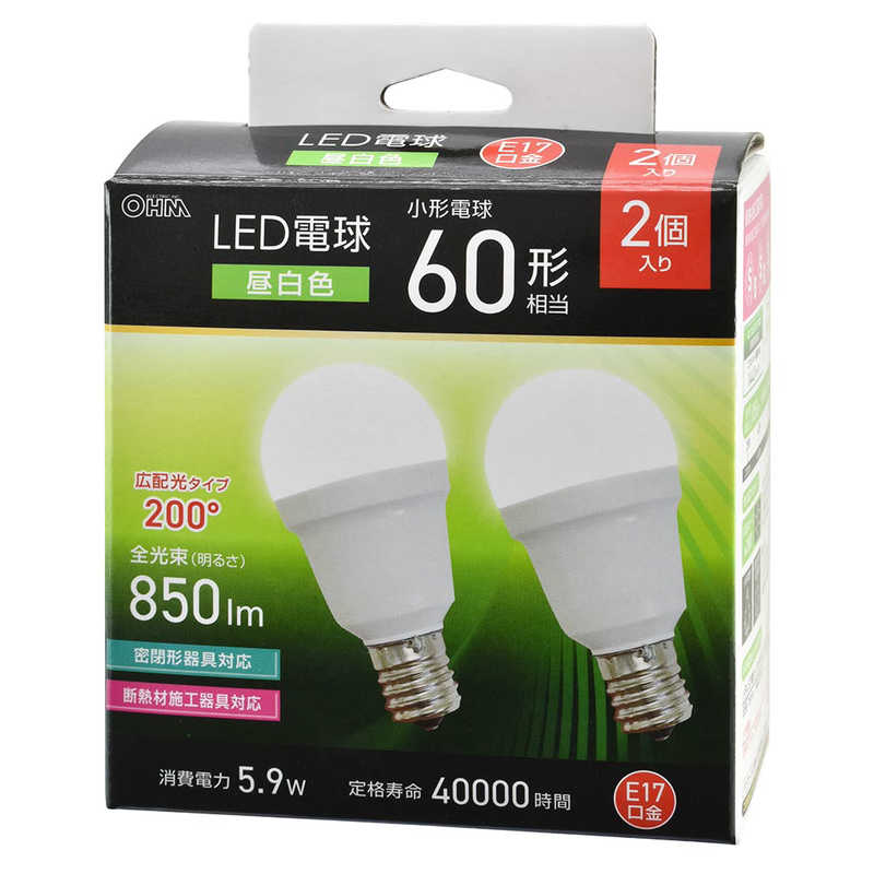 オーム電機 OHM LED電球小形 E17 60形相当 昼白色 2個入 LDA6N-G-E17 IS53 2P