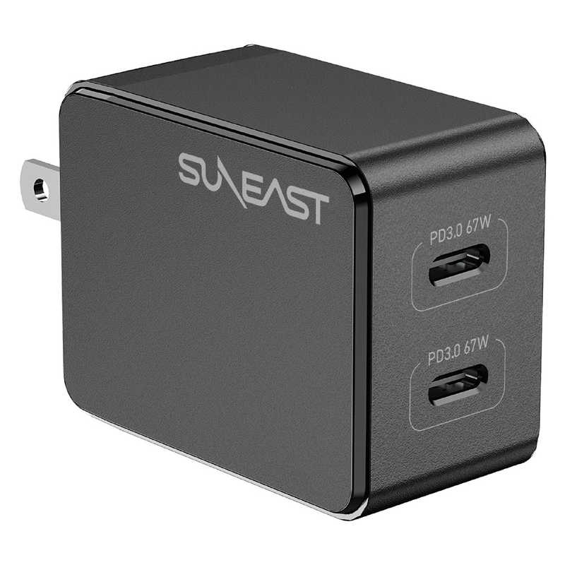 SUNEAST 急速充電器 67w USBtypeCx2ポート /GaN(窒化ガリウム) 採用 シリコンケーブル2m付 小物入れポーチ付 ブラック SE-AC067C01BKF