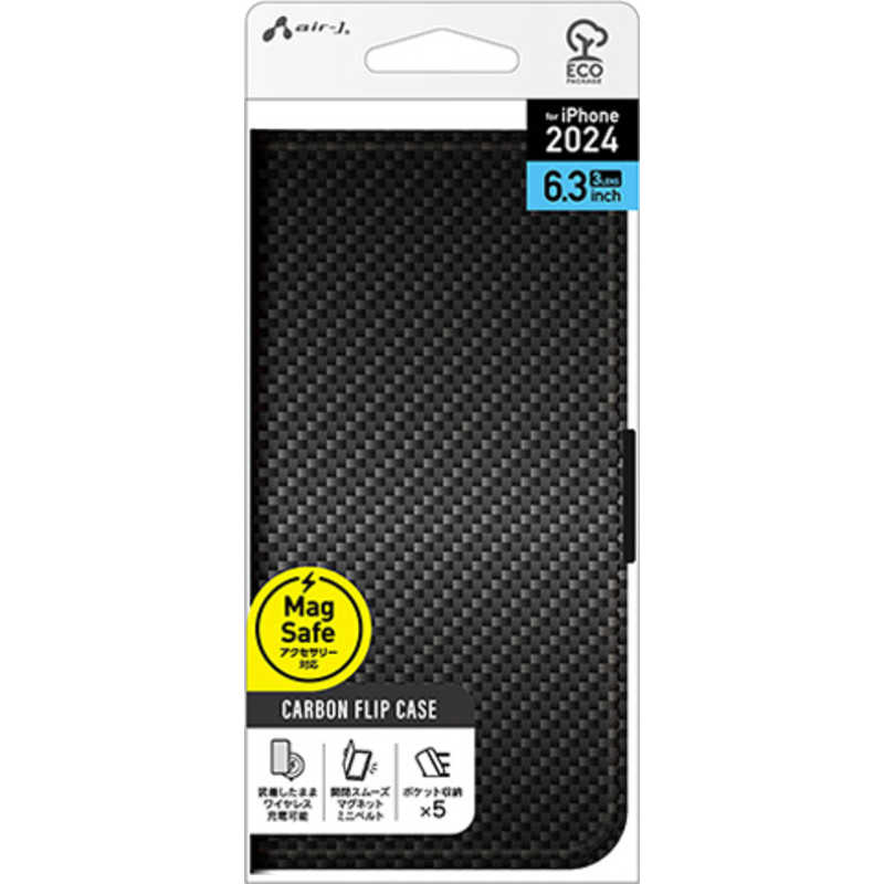 エアージェイ air-j iPhone 16 Pro用MAGSAFE対応 手帳型PBケース カーボン AC-P24P-PB CB