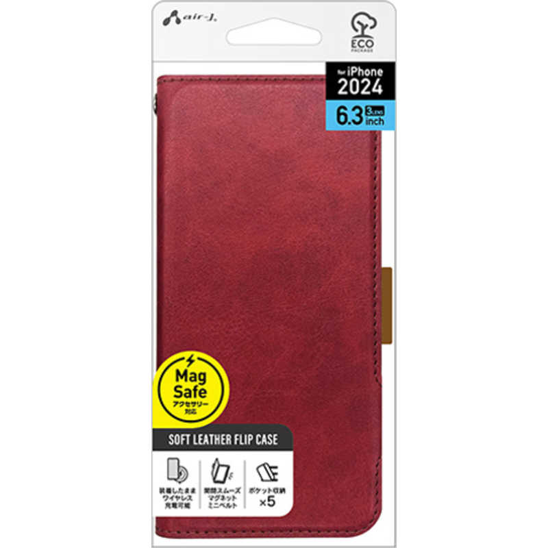 エアージェイ air-j iPhone 16 Pro用MAGSAFE対応 手帳型PBケース レッド AC-P24P-PB RD