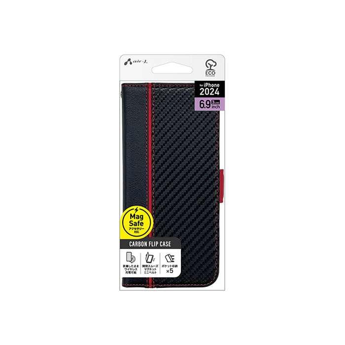 エアージェイ air-j iPhone 16 Pro Max（6.9インチ） Magsafe対応 手帳型ケース カーボン/レッド ACP24PXPBCBR