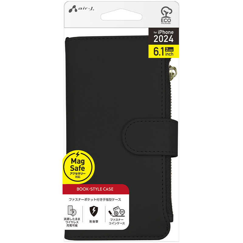 エアージェイ air-j iPhone 16用MAGSAFE対応 ウォレット手帳型ケース ブラック AC-P24-WL BK