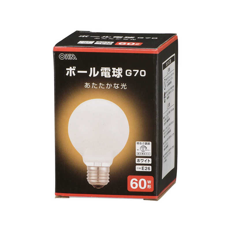 オーム電機 ボール電球 E26 60W形 G70 ホワイト ［E26 /ボール電球形 /60W相当 /電球色 /1個 /全方向タイプ］ LBG7660KWN