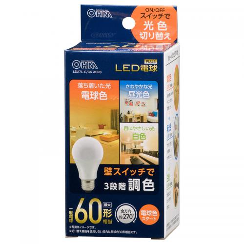 オーム OHM LED電球 E26 60形相当 3段階調色 電球色スタート LDA7L-G-CKAG93