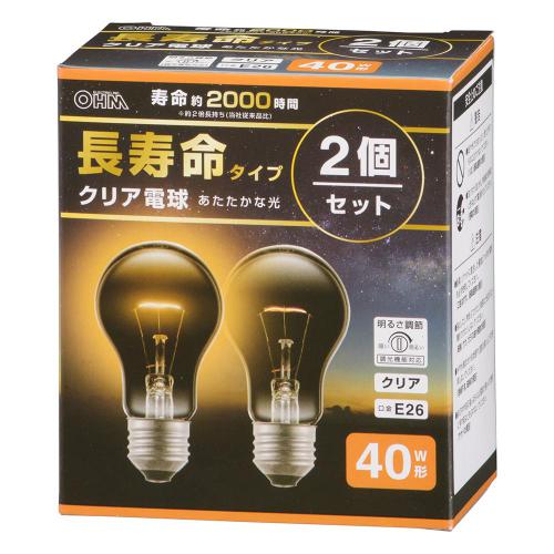 オーム電機 OHM 長寿命白熱電球 E26 40W形 電球色 クリア 2個セット LB-DL5638C-2PN