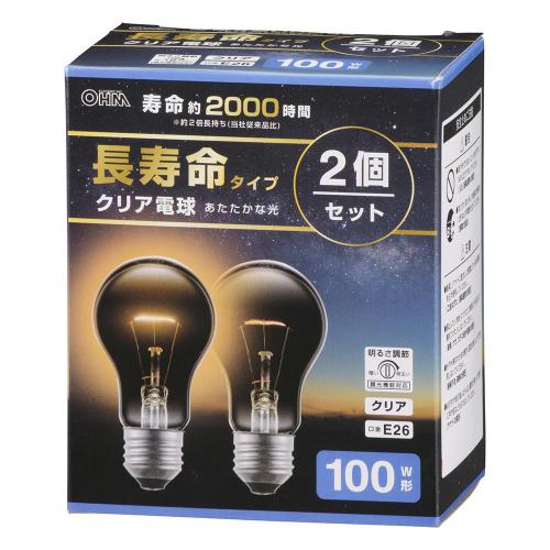 オーム電機 OHM 長寿命白熱電球 E26 100W形 電球色 クリア 2個セット LB-DL6695C-2PN