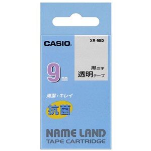 CASIO カシオ  ネームランド 抗菌テープ XR-9BX 9mm (透明・黒文字)