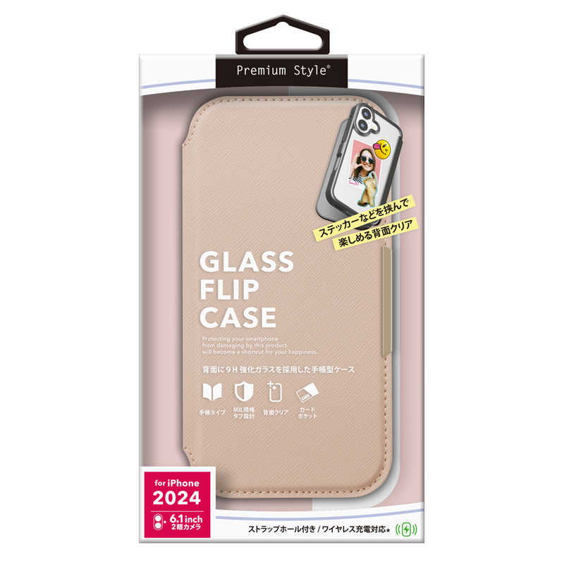 PGA iPhone 16用 ガラスフリップケース [サフィアーノ調/ピンク] PG-24AGF06PK
