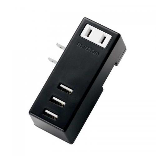 エレコム ELECOM USB充電ポート付モバイルタップ  2ピン式・1個口・USB3ポート ブラック MOT-U04-2132BK